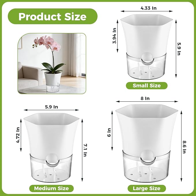 10-Pack 6" Clear Self Watering Pots for Indoor Plants Large Hexagon Self-Watering Planters Orchid Pots Plastic Wick Flower Plant Pots for African Violet, Spider, Herbs, Home Decor, White and Clear