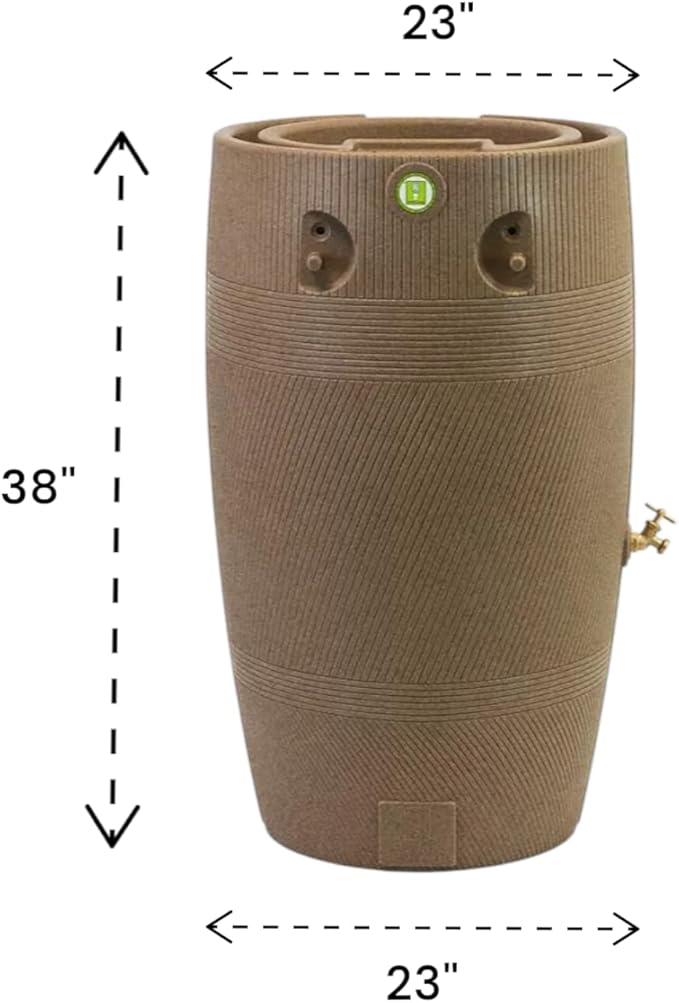 Decorative Rain Barrel with Planter, Impressions Havana, 50 Gallon, Unique Multi-Directional line Texture, Brass Spigot, Water Collection Tank,Khaki Granite. (Khaki Granite, 1 Piece)