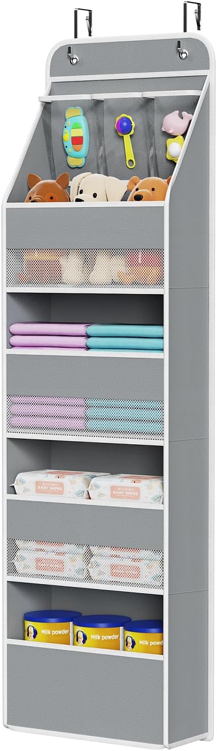 Univivi Fabric Over Door Hanging Organizer for Baby Nursery, Grey, 5-Shelf