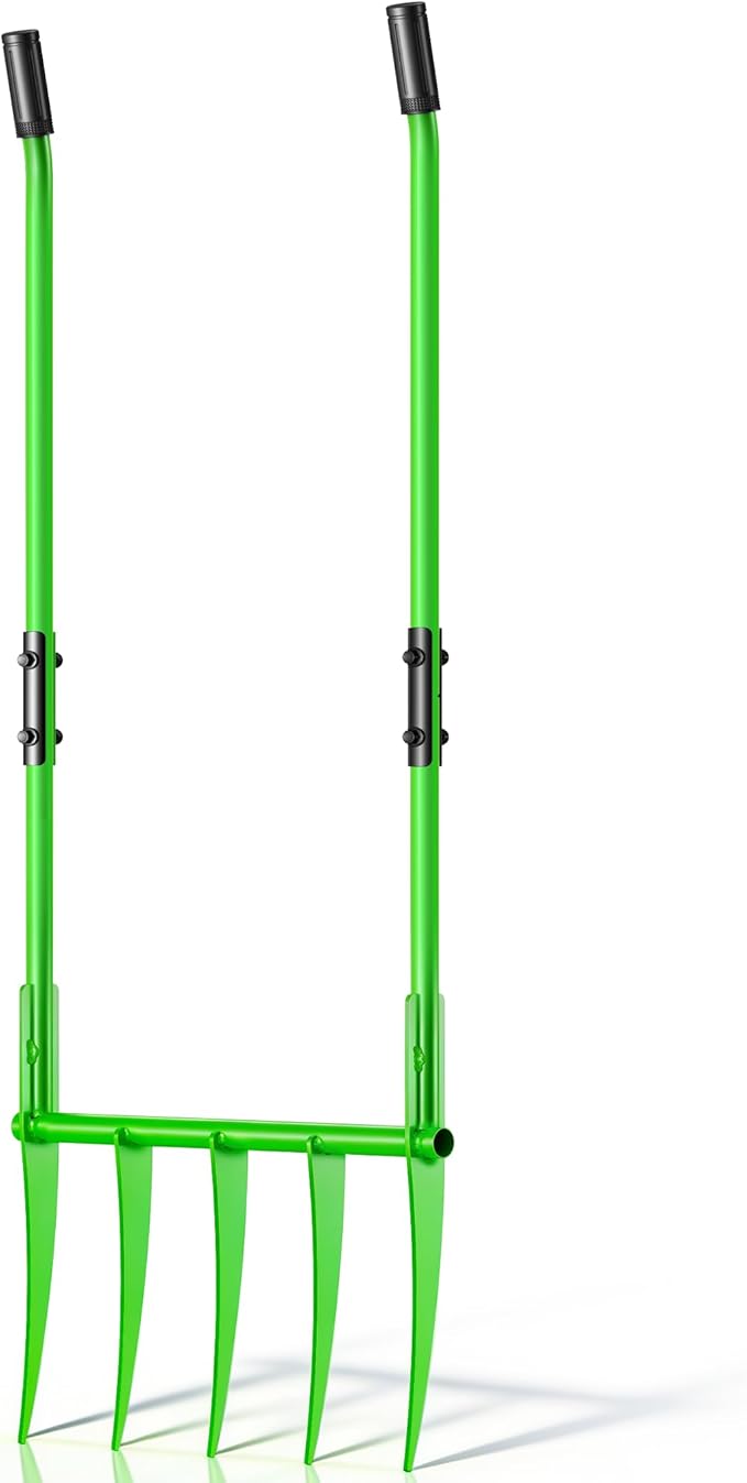 56'' Heavy Duty Broadfork for All the Soils, Unbreakable Pitchfork, 5 Sharp Cambered 11'' Tines Bord Fork Garden Tool, Ergonomic Handles, Good Package, Easy Assembly, Cultivator & Tiller，Green.