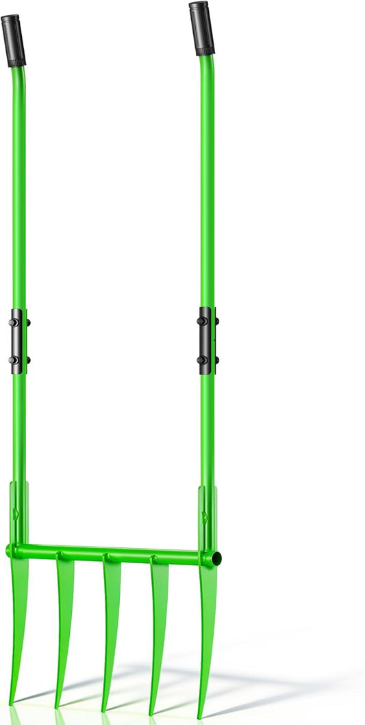 56'' Heavy Duty Broadfork for All the Soils, Unbreakable Pitchfork, 5 Sharp Cambered 11'' Tines Bord Fork Garden Tool, Ergonomic Handles, Good Package, Easy Assembly, Cultivator & Tiller，Green.