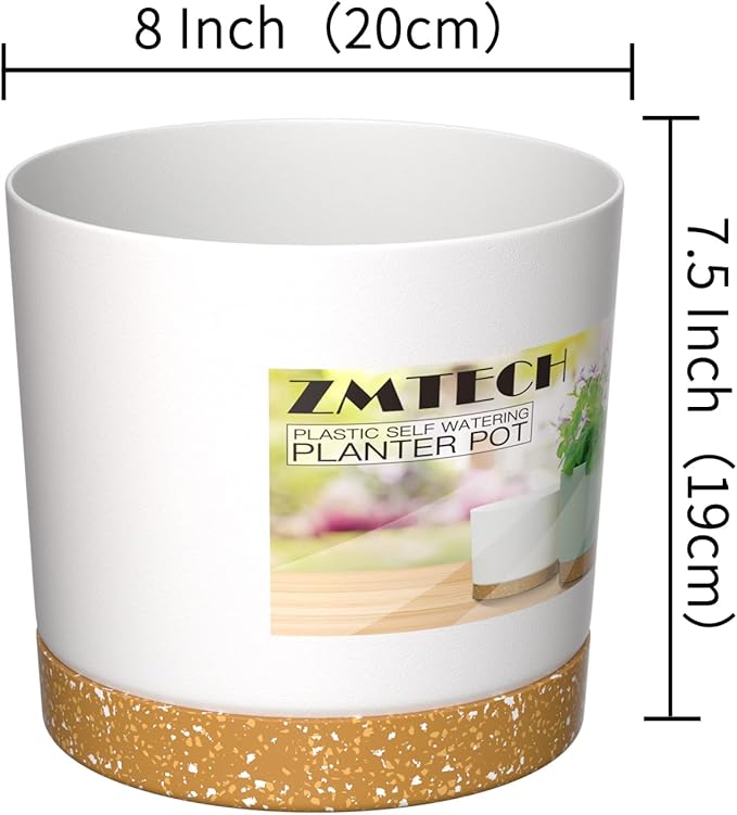 ZMTECH Spring Planters for Indoor Plants, Plant Pots & Flower Pots, Plastic Planter 3 Pack 8 Inch Self Watering with Drainage Hole and Saucer, Modern Decorative Indoor Outdoor, Dark Gray White Green