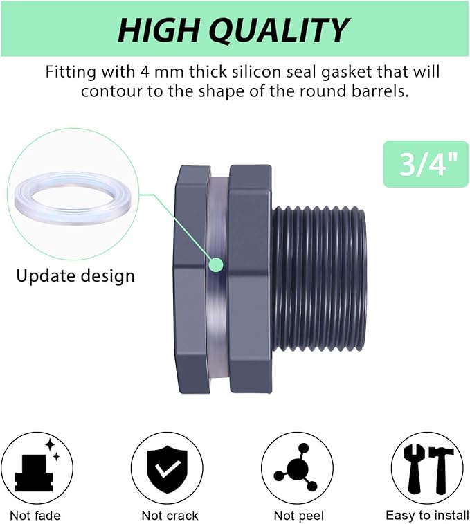 Outus 2 Pieces 3/4 Inch PVC Bulkhead Fitting for Rain Barrels, Aquariums, Water Barrel, Water Tanks, Bucket, Ponds, Pools