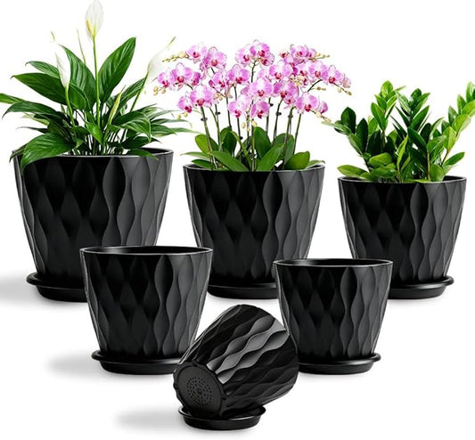 Plant Pots, Self Watering Planters with Drainage Holes and Trays, Flower Pots for Indoor Outdoor - 6 Pack(4/5/6/6.5/7/8 Inch) (Black)
