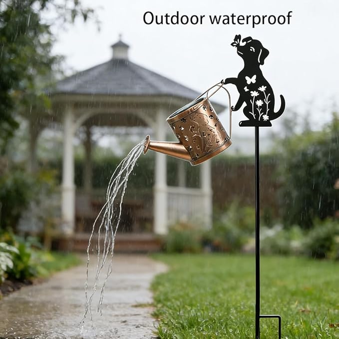 Outdoor Solar Dog Garden Decorative, 2 Pcs Solar Watering Can with Light, Featuring Metal Dog Statue Silhouette Stake, Day Gift for Women, for Outside Landscapes,Lawn, Garden Path Decoration