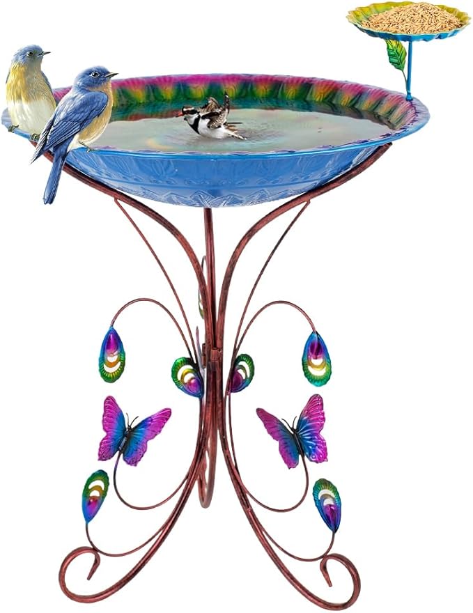 VEWOGARDEN 20" Dia Large Bird Bath for Outside, Metal Outdoor Birdbath with Stand & Feeding Tray for Garden, Yard, Patio Decor