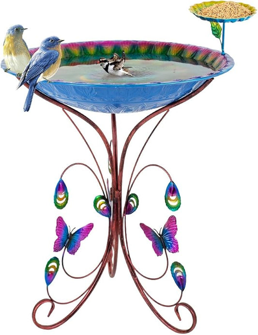 VEWOGARDEN 20" Dia Large Bird Bath for Outside, Metal Outdoor Birdbath with Stand & Feeding Tray for Garden, Yard, Patio Decor