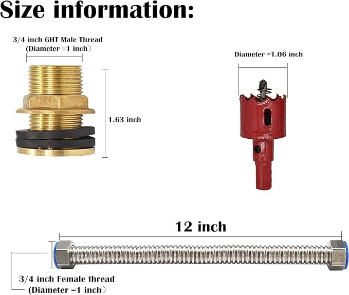 Hose Bulkhead Fitting Rain Barrel Water Tank Connector Fittings Bulk Head Connectiond Rain Barrel Kit Double Sided Hose Connector with Hole Opener (3/4" Male+Pipe+Hole Saw)