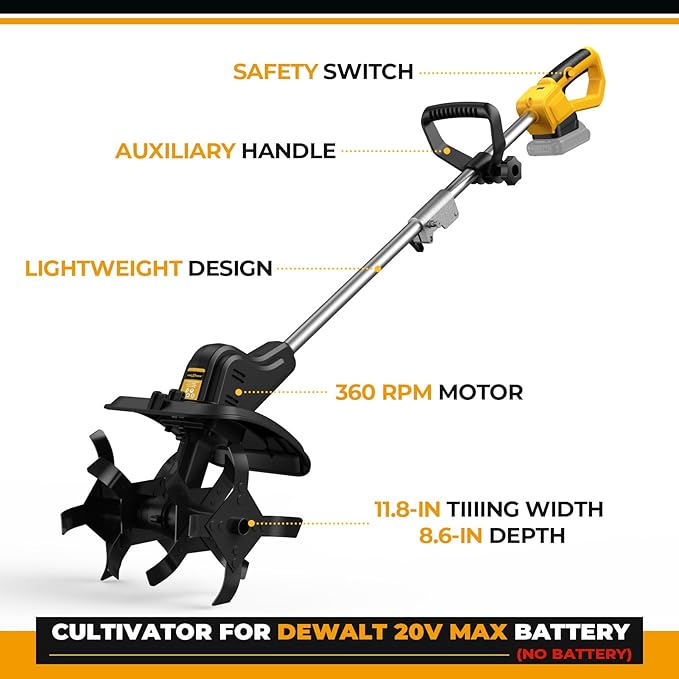 Cordless Tiller Cultivator for Dewalt 20v Max Battery, 360RPM Electric Tiller for Gardening, 11.8in Tilling Width ＆ 8.6in Depth, Battery Powered Tiller for Lawn/Soil Cultivation (Battery Not Included)