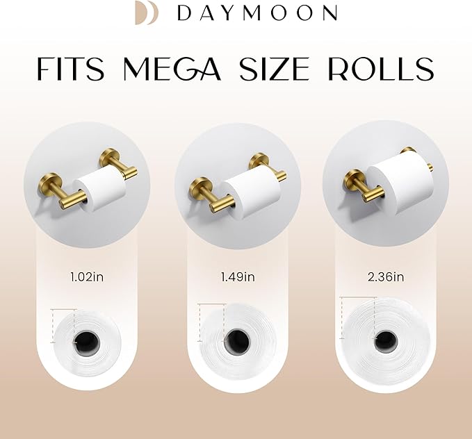 Day Moon™ Toilet Paper Holder Wall Mount, Modern Roll Holder for Bathroom, Stainless Steel Rustproof Double Post Pivoting Tissue Roll Holder for Bathroom, Classic, Gold