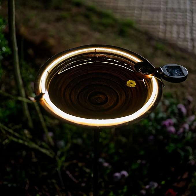 dreamysoul Bird Baths for Outdoors 15" Dia Large Metal Bird Bath with Solar Strip Lights, 5 Prongs Outdoor Copper Birdbath for Lawn Yard Garden Decor