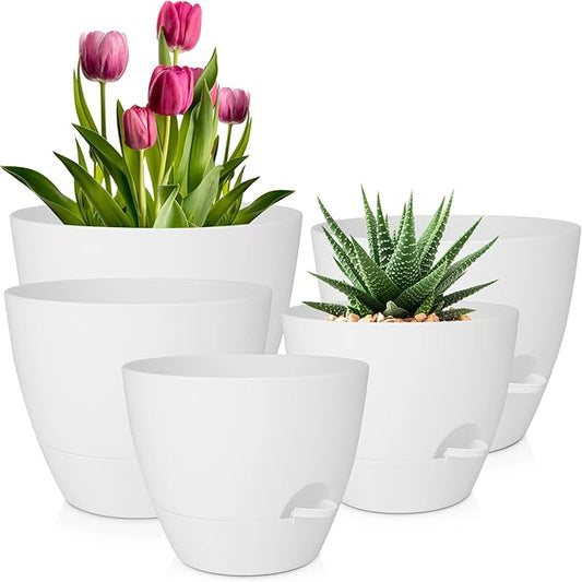 QRRICA Plant Pots 10/9/8/7.5/7 Inch Self Watering Pots, Set of 5 Plastic Planters with Drainage Holes and Saucers,Plastic Flower Pots,Nursery Planting Pot for Indoor Out Door Plants(Pure White)