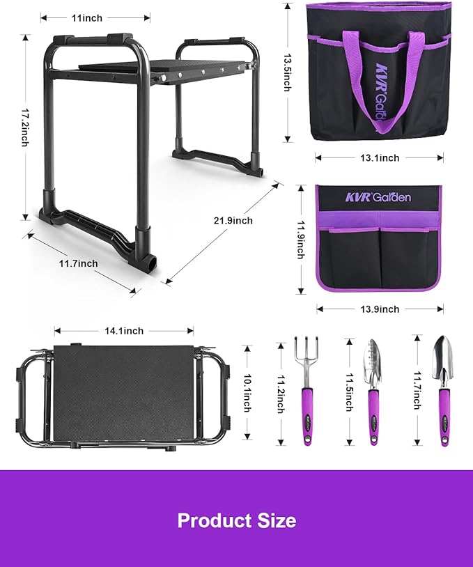 Garden Stool & Kneeler 7-Piece Set with 3 Aluminum Tools, Double-Layer Tote Bag & 2 Side Pouches - Foldable Gardening Bench Kit - Ideal Gifts for Women Mom Seniors (Purple)