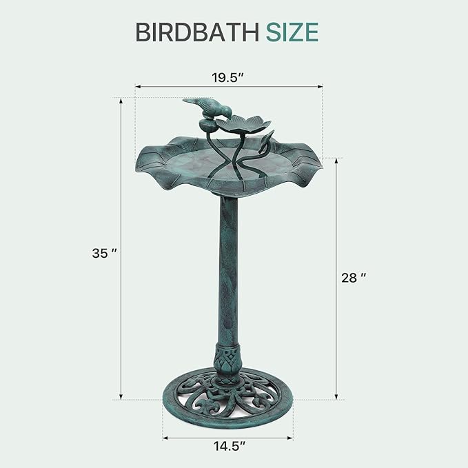 Athena Collection 35'' Height Bird Bath Vintage Pedestal Birdbath 5L Water Bird Fountain Polypropylene Lotus Accents Bird Bath Bowl Outdoor Decor 2 Tier Birdbath for Outside, Patio, Garden, Green