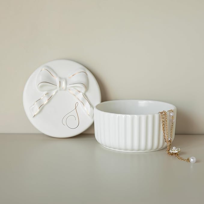COLLECTIVE HOME Ceramic Jewelry Box with Bow, Nightstand Vanity Decor(S)