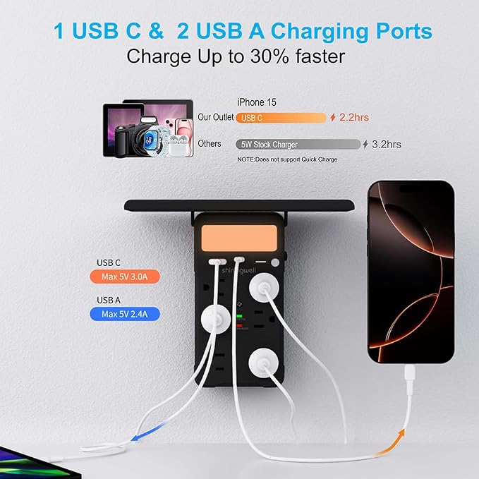 6 AC Wall Outlet Extender, Surge Protector, with Shelf and Night Light,Black