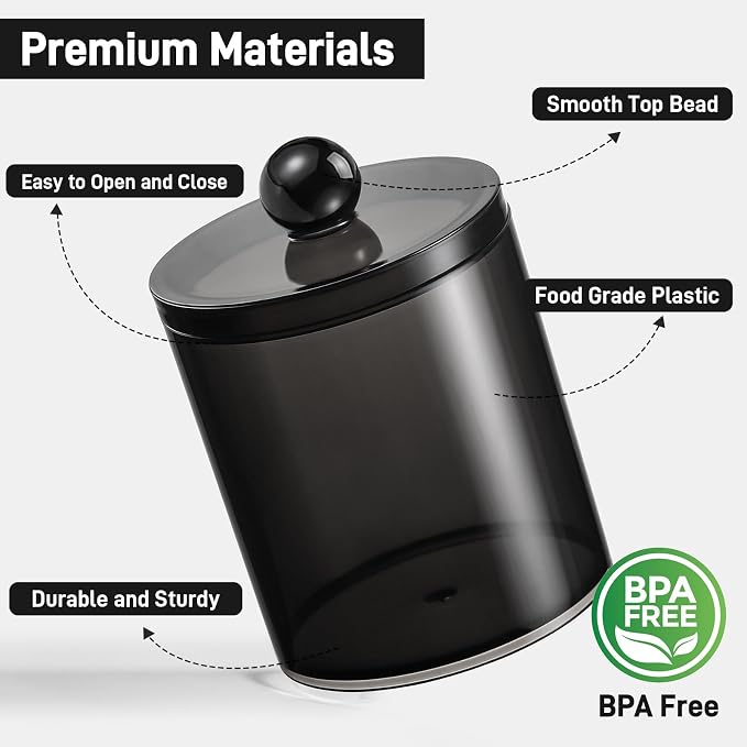 2 Pack Acrylic Qtip Holder Dispenser for Cotton Swabs, Balls, Floss Picks | Thick, Clear Black, w/ Labels - Small Canister Apothecary Jar Set, Bathroom Decor Essentials, Shelf Vanity Storage Organizer