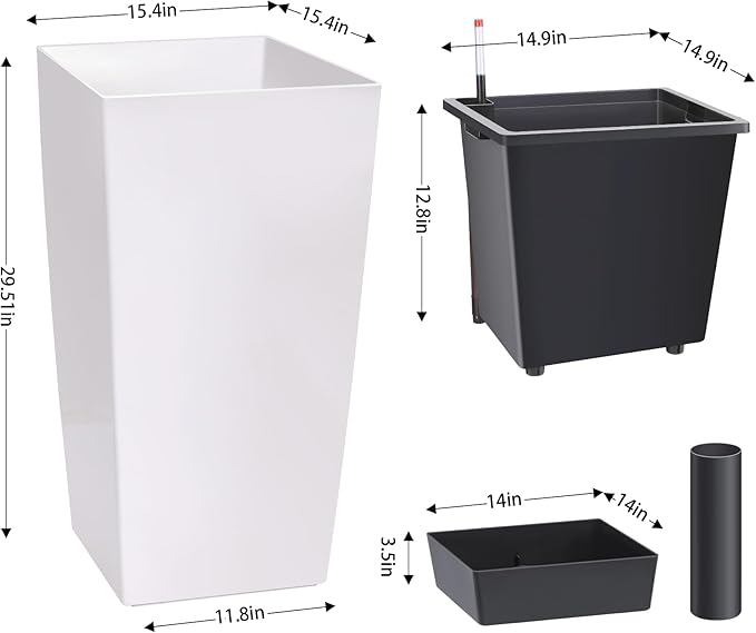30 Inch Tall Self Watering Planters for Patio, Set of 2 Large Square PP Plastic Planters with Water Reservoir, Modern Floor Standing Self-Watering Pots for Indoor Outdoor Home Garden Decor, Black