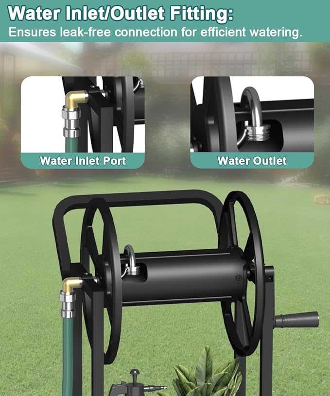 Artigarden Garden Hose Reel Cart with Wheels, Outdoor Heavy Duty Powder Coated Steel Water Winder Storage Holds 125 ft 5/8" Hoses with 3.9ft Leader Hose and Basket for Backyard, Yard, Lawn, Black
