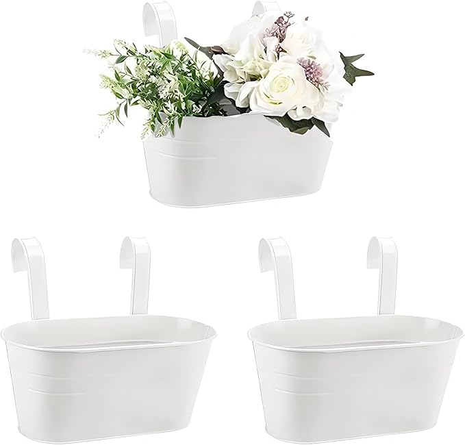 10.6" Oval Iron Hanging Flower Pots - Rust-Resistant Metal Planters with Detachable Hooks for Garden, Yard & Home Decor (White，3 PCS)