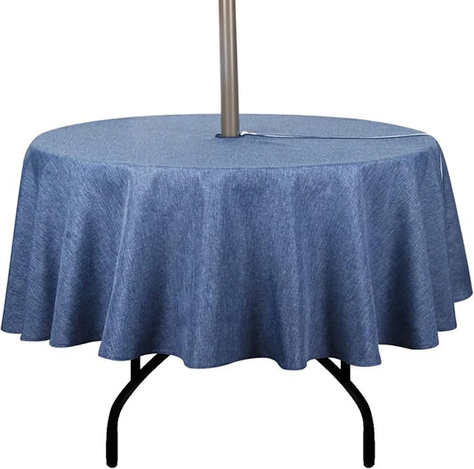 Outdoor Tablecloth Wrinkle-Free Stain Resistant Waterproof Polyester Fabric Table Cover with Zipper Umbrella Hole for Picnic/Party/Dinner/Patio Garden(60inch Round,Zippered,Denim Blue)