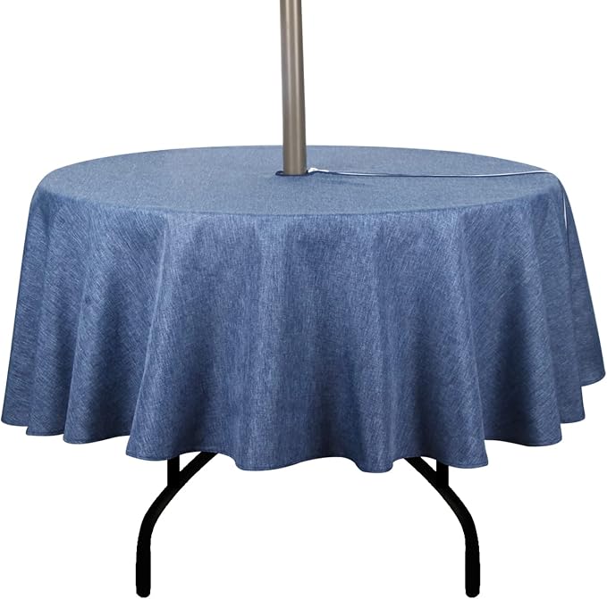Outdoor Tablecloth Wrinkle-Free Stain Resistant Waterproof Polyester Fabric Table Cover with Zipper Umbrella Hole for Picnic/Party/Dinner/Patio Garden(70inch Round,Zippered,Denim Blue)