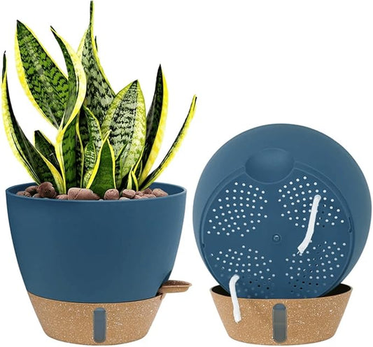 montresor 2 Pack 10 inch Plant Pots, PP Plastic Self Watering Plant Pot with Drainage and Tray for Indoor Outdoor Plants, Water Level Window & Reservoir Flower Pots Decorative Planter (Blue)