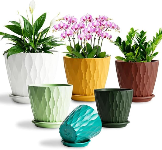 Plant Pots, Self Watering Planters with Drainage Holes and Trays, Flower Pots for Indoor Outdoor - 6 Pack(4/5/6/6.5/7/8 Inch) (Colorful)