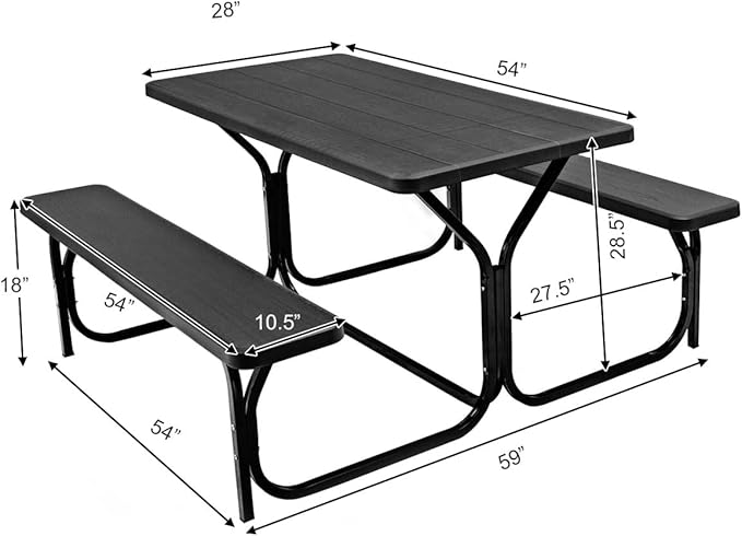 Hysache Picnic Table Bench Set, Patio All Weather Metal Base Camping Set w/Wood Texture Tabletop, Steel Frame, Large Tables for Backyard Poolside Garden Lawn (Black) (OP3499)