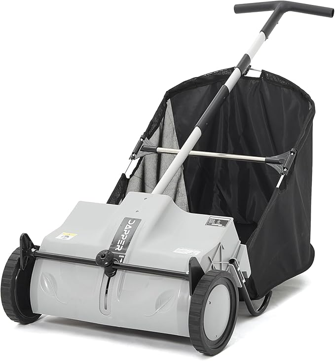 Dapper Supply 22-Inch Push Lawn Sweeper, Grass, Lawn and Leaf Cleanup Collector with Large 3.5 cu. ft. Hopper Bag, Durable Wheels, and Dual Spinning Brushes, Grey