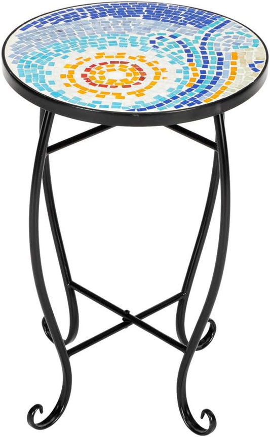 Mosaic Patio Table,Outdoor Side Table,14inch Accent Table Plant Stand Decor, Small Vintage Outdoor End Table with Stained Glass Mosaic & Iron Frame for Patio Garden Balcony Poolside (Sun)