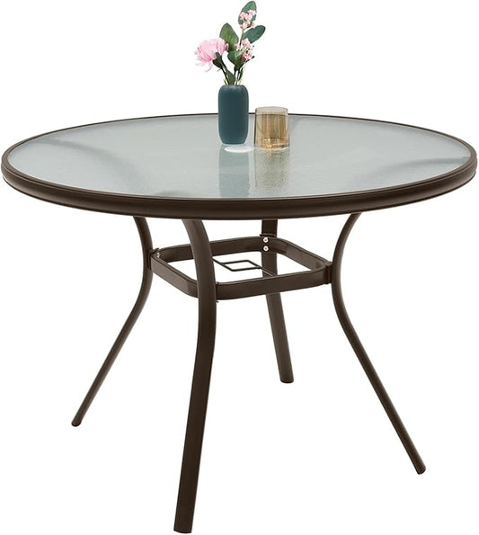 Anmutig 40" Round Glass Outdoor Patio Dining Table with Umbrella Hole - Brown Frame