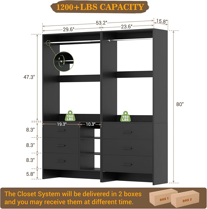 Aheaplus Closet System with 6 Drawers, 4.5ft, Set of 2, Set of 2, Black