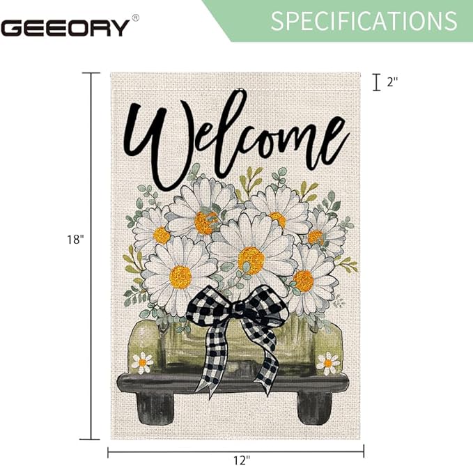GEEORY Daisy Eucalyptus Truck Welcome Garden Flag 12x18 Inch, Double Sided Spring Summer Small Floral Flag, Farmhouse Rustic Outdoor Outside Yard Lawn Decoration
