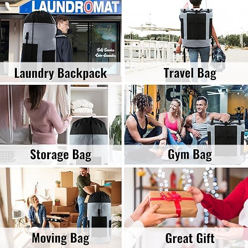 JOINPRO Laundry Bag Backpack, 125L Extra Large Laundry Backpack with Shoulder Straps, Adjustable Extendable Laundry Hamper Bag with 3 Pockets for College, Travel, Camping (Grey)