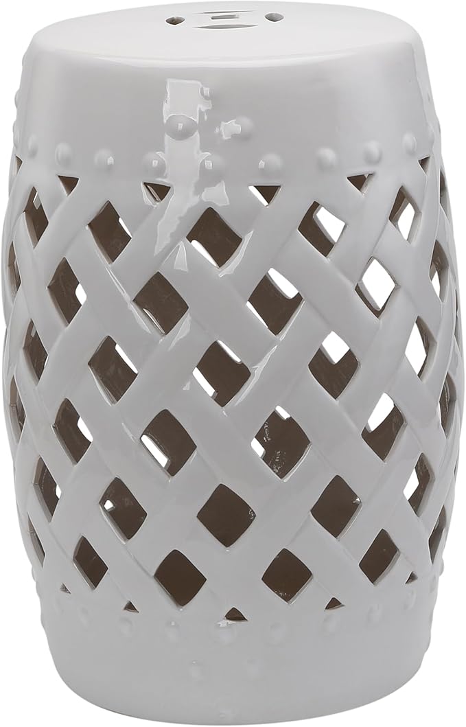 Outsunny 13" x 18" Ceramic Garden Stool with Woven Lattice Design & Glazed Strong Materials Decorative Outdoor Stool, White