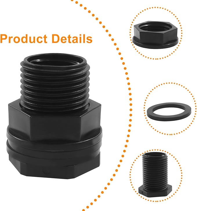 BokWin 10 Pack Garden Hose Bulkhead Fitting, Double Threaded Bulkhead Tank Fitting, 1/2 Inch Female NPT x 3/4 Inch Male Threaded Connector, Black, for Rain Barrels, Aquariums, Tubs, Pools, Spigot Use