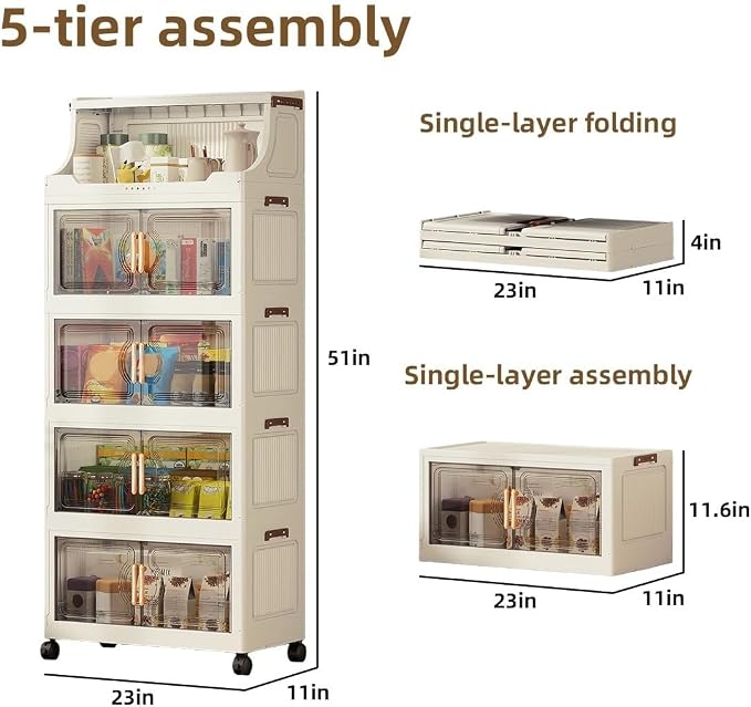 217QT Stackable Storage Bins with Lids & Rack, 5 Tier Large Capacity Foldable Storage Cabinet, Clear Collapsible Pantry Organizer for Home, Kitchen, Bathroom, Dorm, Office, Clear