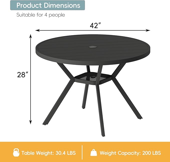 42" Outdoor Patio Table Dining Table, All Weather Metal Round Patio Table with Adjustable Umbrella Hole, Patio Furniture for Lawn Garden Backyard, Black