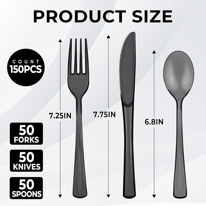 150 PCS Plastic Silverware Disposable Silverware Heavy Duty Utensil Sets 50 Of Each Forks Knives & Spoons Disposable Cutlery Set For Easter,Birthday,Baby Shower,Garden Party,Wedding(150,Black)