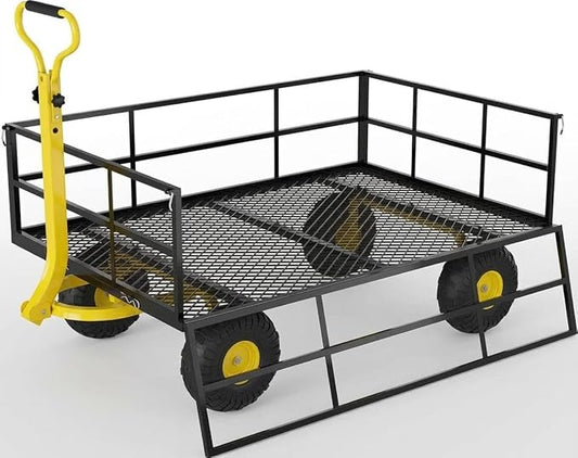  Heavy Duty Steel Garden Cart, 1200 LBS Load Capacity Garden Wagon with 10 inch Tire and 180° Rotating Handle Attach to ATV or Tractor Blac