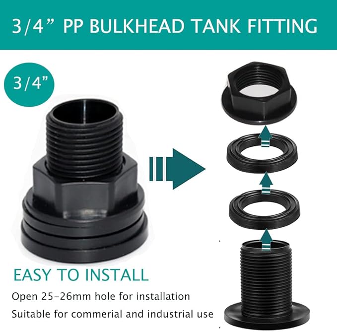 PVC Bulkhead Fitting Double Threaded Bulkhead Water Tank Connector for Rain Barrels, Aquariums, Water Tanks, Tubs, Pools, Spigot, Black, 3/4 Inch Male 1/2 Inch Female (4 Pieces)