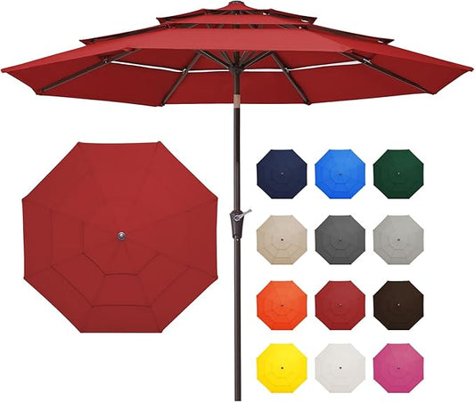JEAREY 9FT 3 Tier Patio Umbrella Outdoor Market Umbrella Table Umbrellas with 8 Ribs 1.5 Pole Push Button Tilt and Crank UV Protection for Garden,Red