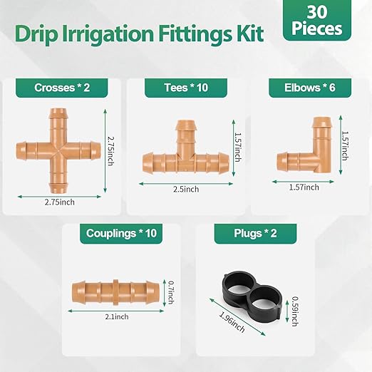 RedChili Drip Irrigation Fittings Kit (17mm) for 1/2" Tubing (.600" ID), 10 Couplings, 10 Tees, 6 Elbows, 2 Cross and 2 Tubing End Closure - Barded Connectors for Drip Sprinkler Systems(30 Pieces Set)