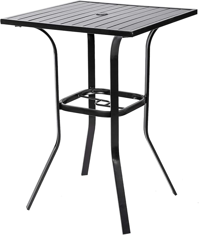 Patio Bar Table, Outdoor Bar Height Bistro Table with Umbrella Hole, Metal Frame and Slat Design, Black