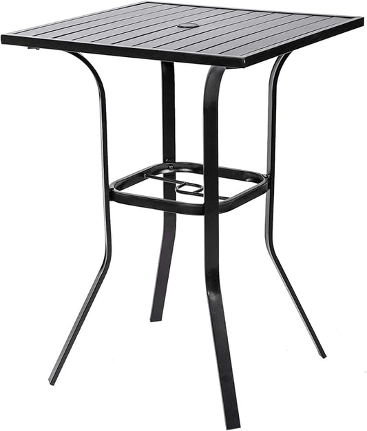 Patio Bar Table, Outdoor Bar Height Bistro Table with Umbrella Hole, Metal Frame and Slat Design, Black