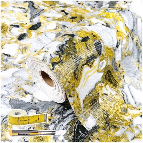 Drawer and Shelf Liner - Yellow Black Marble Pattern Non Adhesive