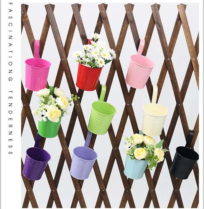 XZJMY 5 Pcs Hanging Flower Pots Metal Iron Bucket Planter Pot Metal Bucket Flower Holder with Hook Indoor Outdoor Decor for Railing Fence Balcony Garden (Dark Green)