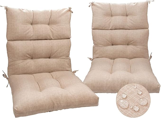 Magpie Fabrics Indoor Outdoor Tufted High Back Chair Cushion Set of 2, Waterproof All-Weather Deep Seating Rocking Chair Patio Garden Chaise Lounge Sun Lounger Chair Cushions(Beige Linen)