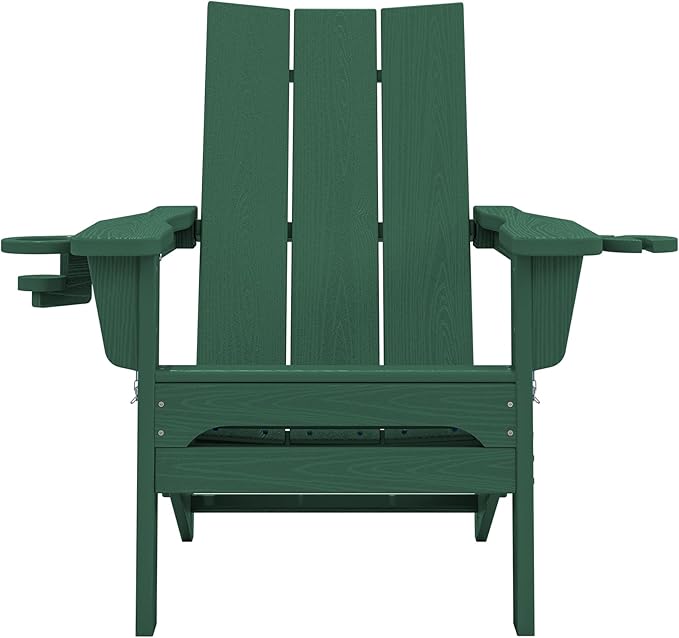 SERWALL Folding Adirondack Chair Set of 4 with Dual Cup Holders, Modern Adirondack Chairs, HDPE All-Weather Fire Pit Chairs for Outdoor, Patio, Garden, Green
